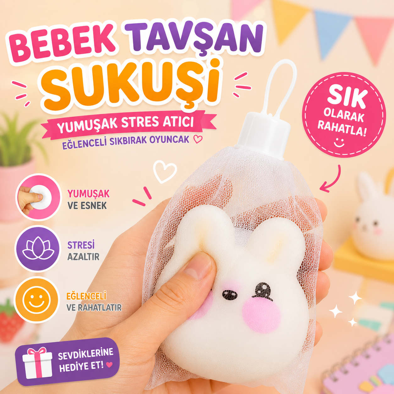 Fileli Bebek Tavşan Sukuşi Yumuşak Stres Atıcı Eğlenceli Sıkbırak Oyuncak Squishy