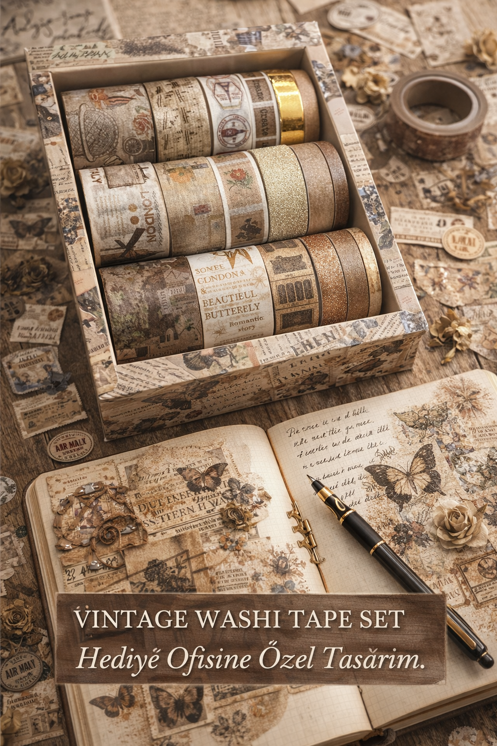 Hediye Ofisi Kahverengi 24’lü Vintage Washi Bant Seti | Bullet Journal & Scrapbook