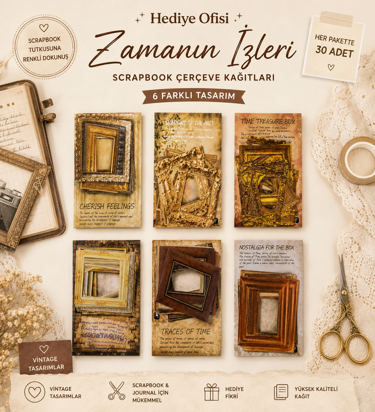 Nostaljik Çerçeve Scrapbook Süsleme Kağıt Seti 30 Adet