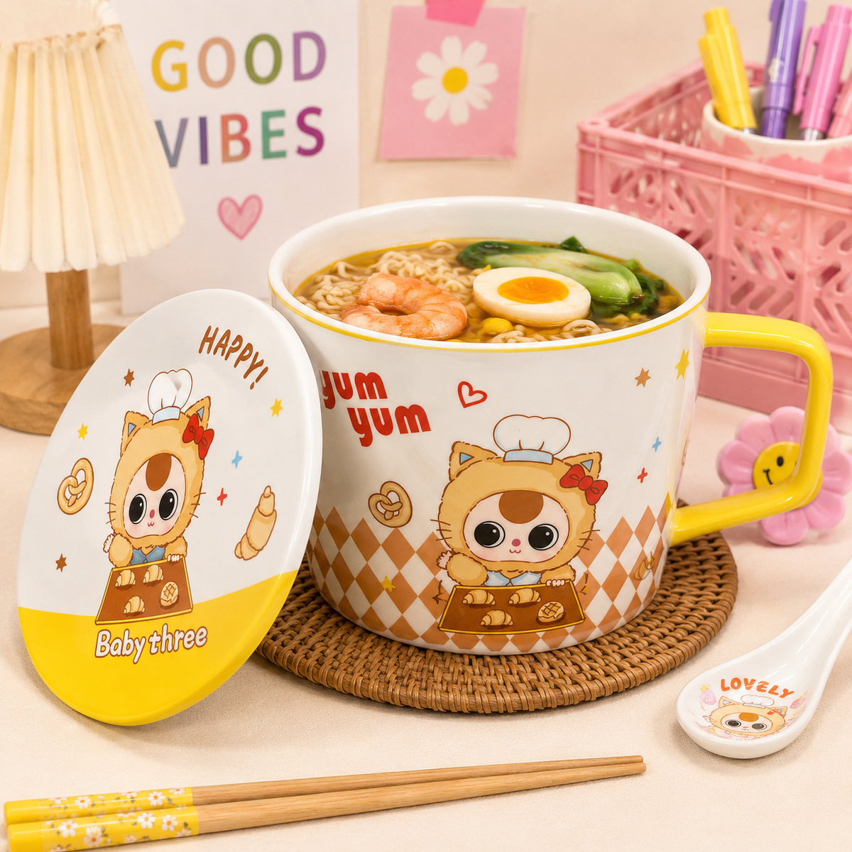 Hediye Ofisi Yum Yum Büyük Noodle Kasesi – Kapaklı Kaşıklı Seramik Kupa