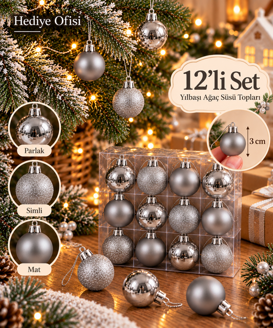 12'li 3 Cm Yılbaşı Ağacı Süsü Topları –Simli, Parlak ve Mat Karışık 3 cm