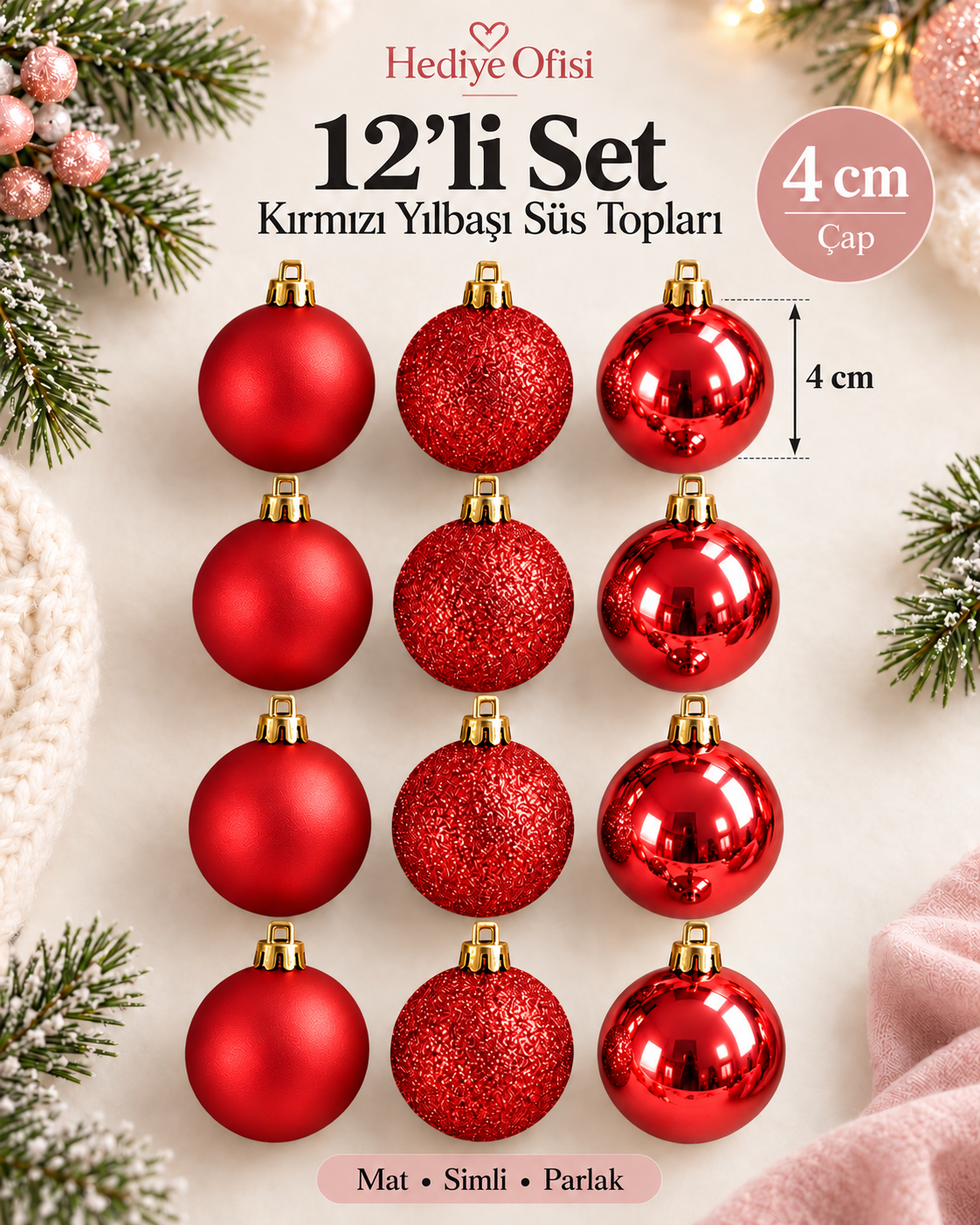 Hediye Ofisi 12’li Yılbaşı Topu Seti 4 cm – Çam Ağacı Süsleri