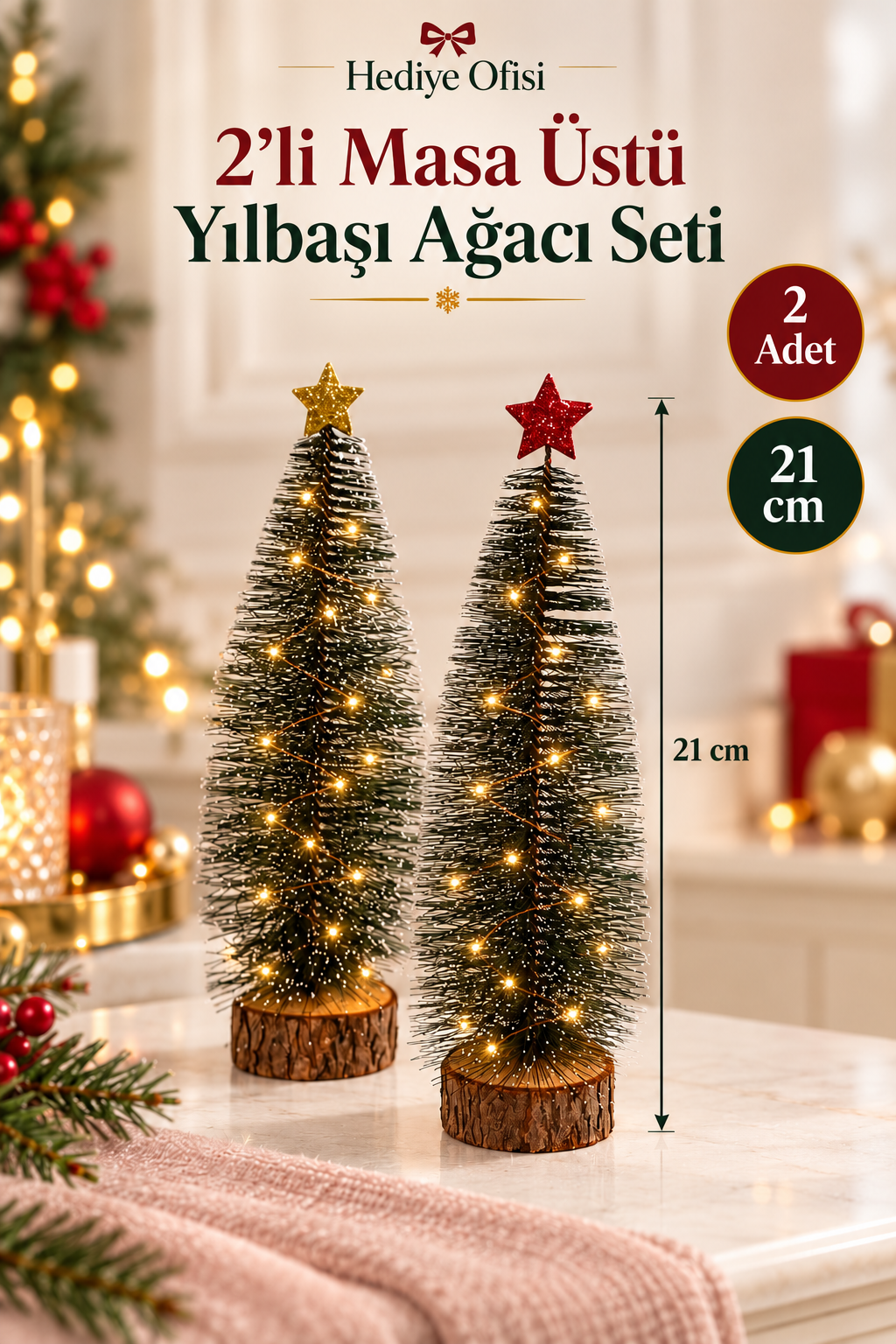2’li Masaüstü Yılbaşı Ağacı 21 cm LED’li