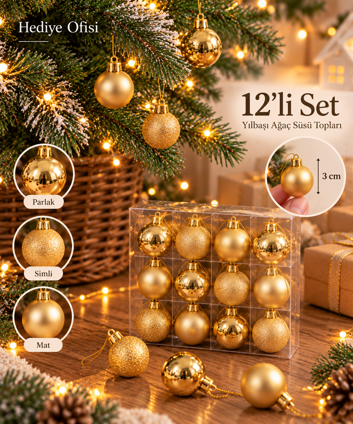 12'li gold yılbaşı ağacı süsü topları 3 cm - Hediye Ofisi