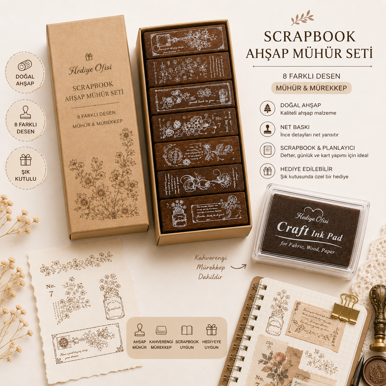 Vintage Flora Ahşap Scrapbook Mühür Seti 8 Adet + Istanpa ve Mürekkep Dahil