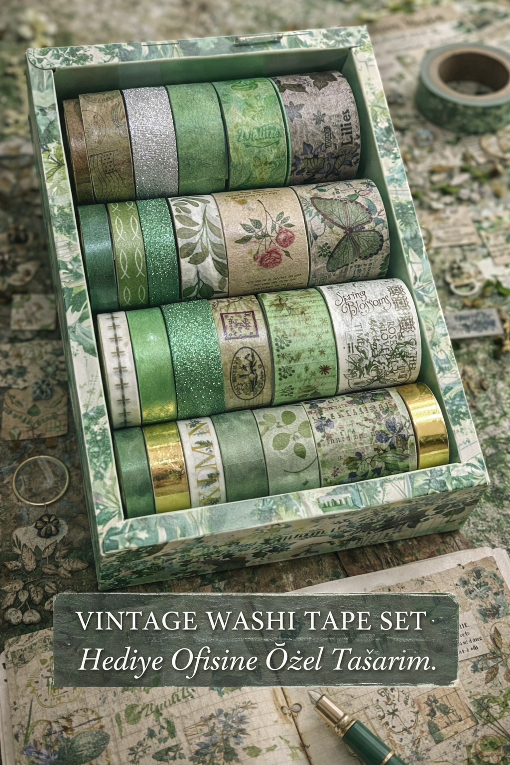 Hediye Ofisi Yeşil 24’lü Vintage Washi Bant Seti | Bullet Journal & Scrapbook