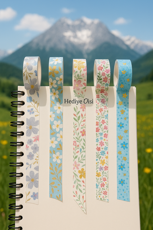 Hediye Ofisi 12’li Çiçek Desenli Washi Bant Seti – Bullet Journal & Scrapbook için Renkli Bantlar