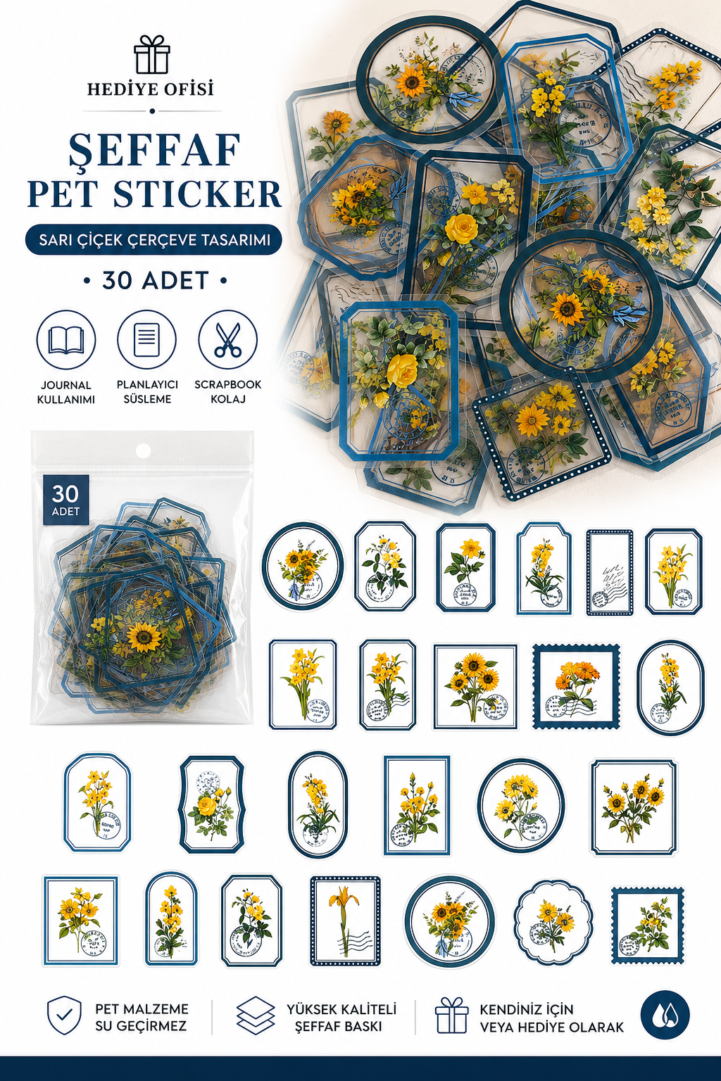 30'lu Çiçek Temalı Şeffaf PET Sticker Seti