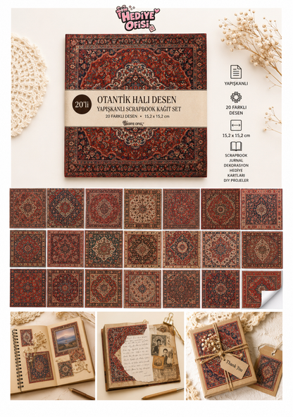 20’li Otantik Halı Desenli Yapışkanlı Scrapbook Kağıdı Seti 15x15 cm Vintage Dekoratif Kağıt