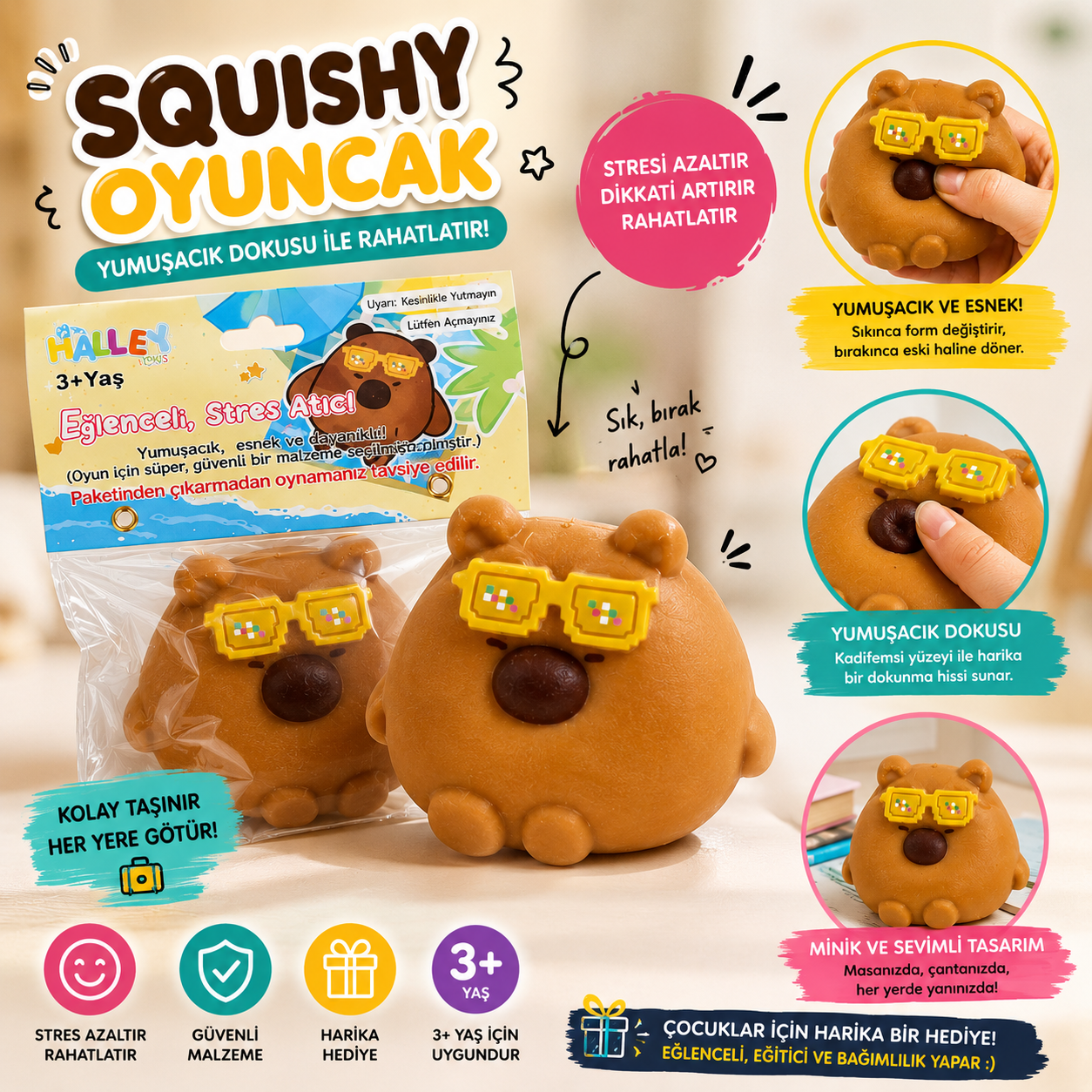 Gözlüklü Kapibara Squishy Stres Oyuncağı Yumuşacık Jel Squishy