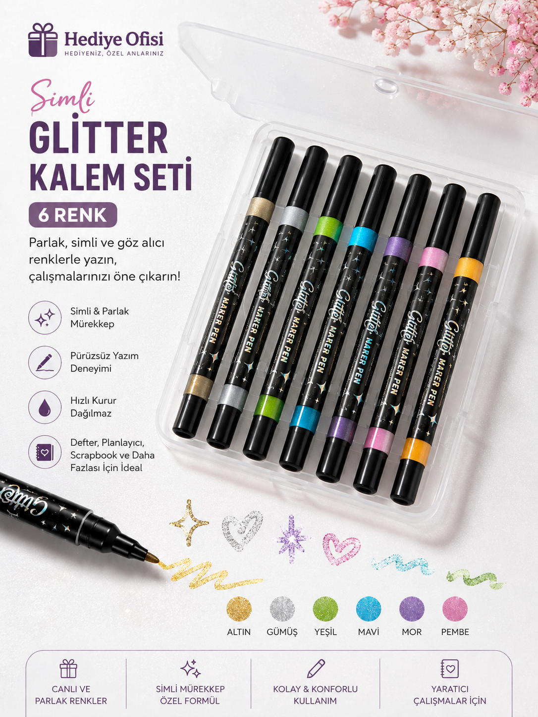 12li Simli Glitter Kalem Seti