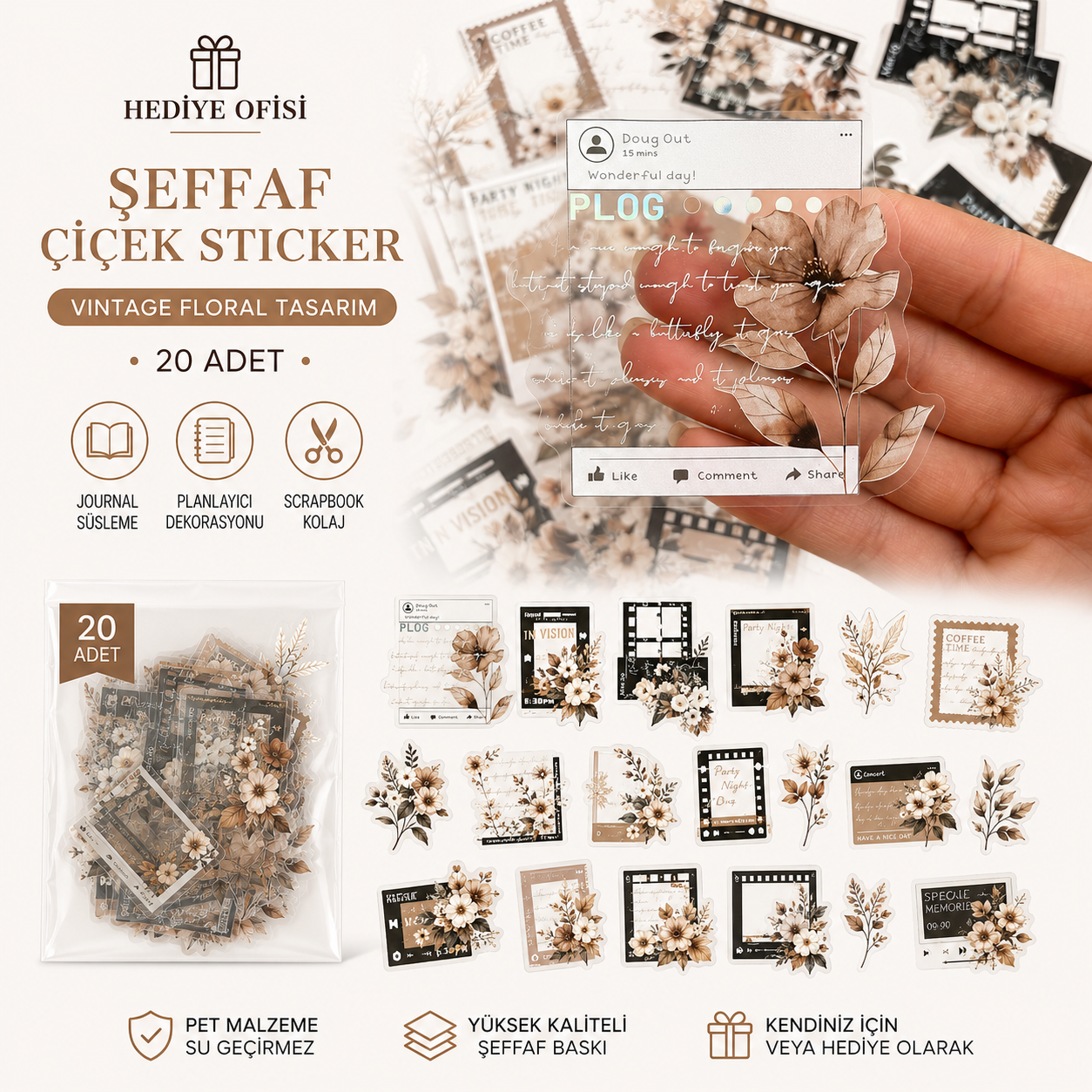 Hediye Ofisi Vintage Temalı Şeffaf PET Sticker Seti | Junk Journal, Scrapbook ve Ajanda Dekorasyonu