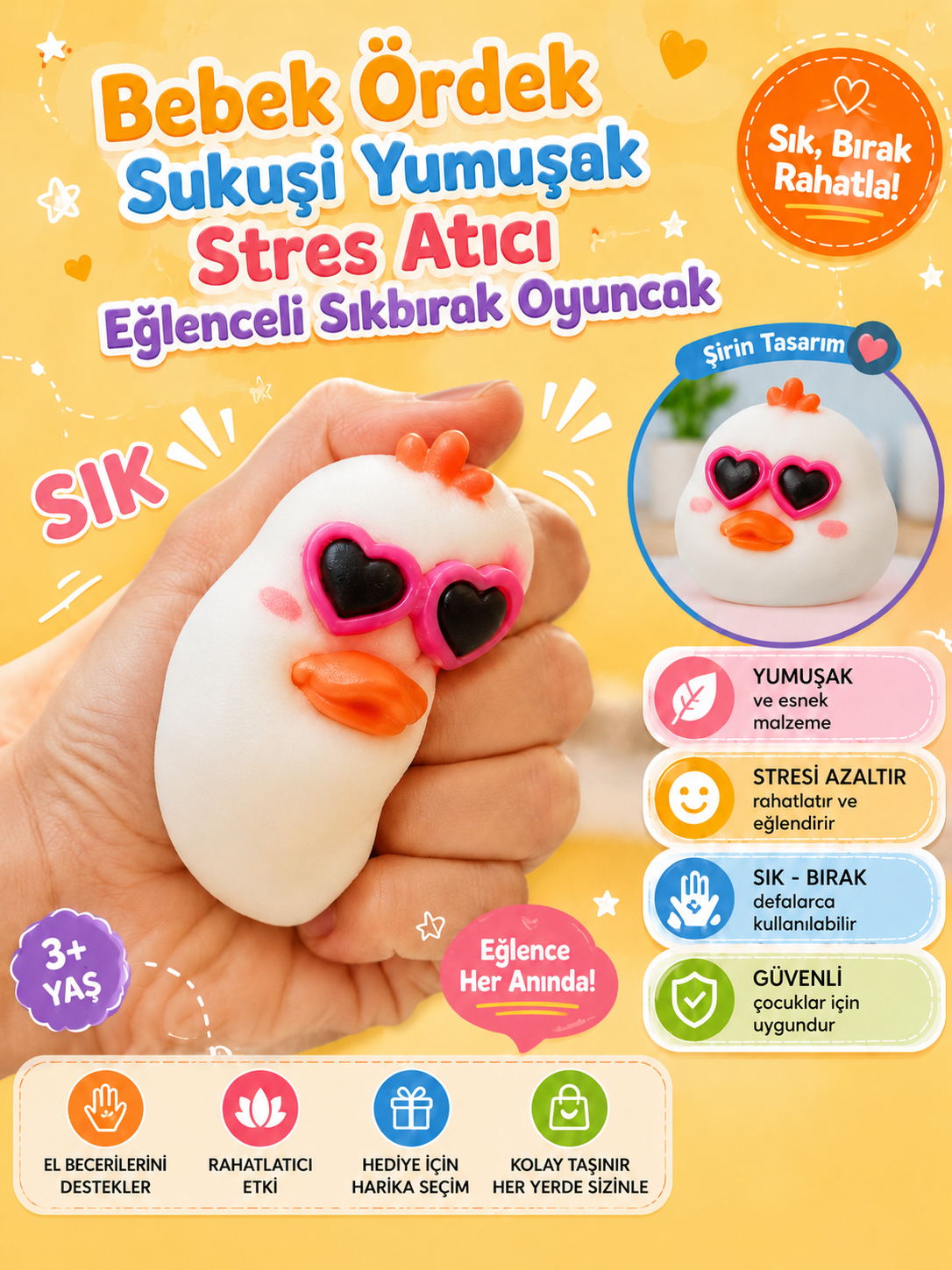 Bebek Ördek Squishy Jel Stres Oyuncağı – Yumoş Elastik Ördek Modeli Eğlenceli Sık Bırak Oyuncak