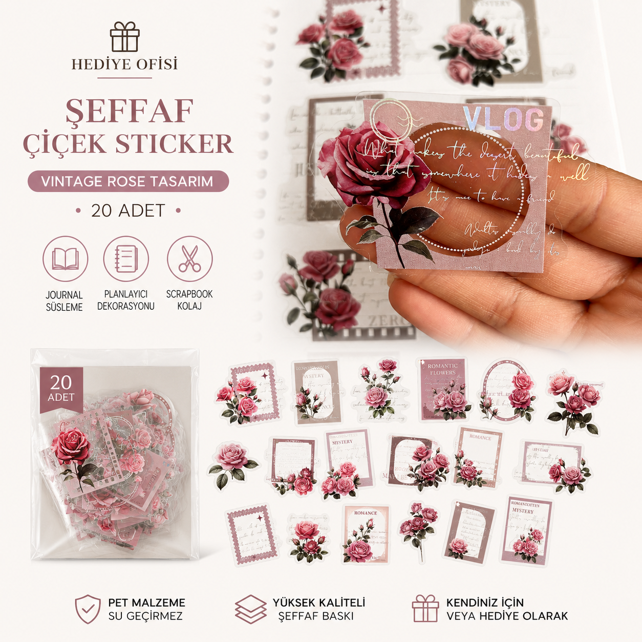 Hediye Ofisi Vintage Temalı Şeffaf PET Sticker Seti | Junk Journal, Scrapbook ve Ajanda Dekorasyonu