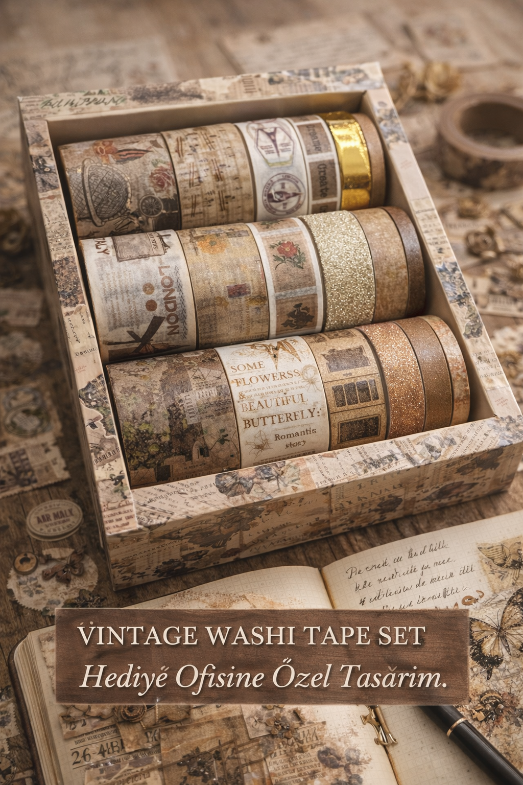 Hediye Ofisi Kahverengi 24’lü Vintage Washi Bant Seti | Bullet Journal & Scrapbook