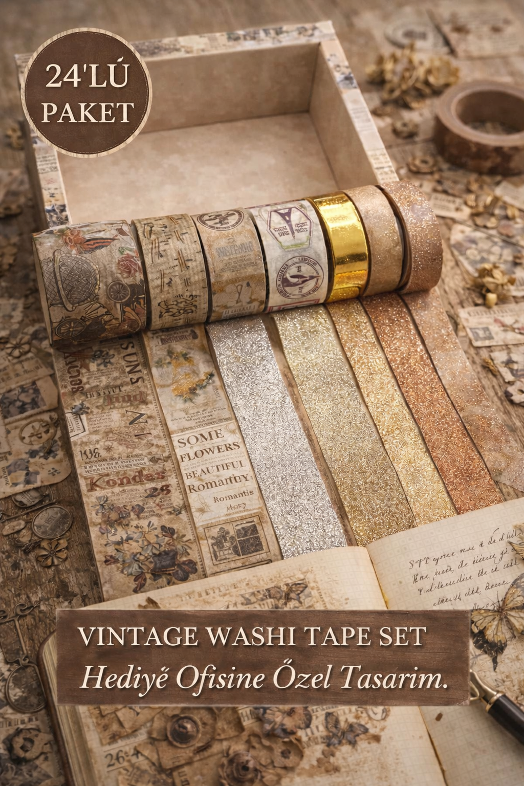 Hediye Ofisi Kahverengi 24’lü Vintage Washi Bant Seti | Bullet Journal & Scrapbook