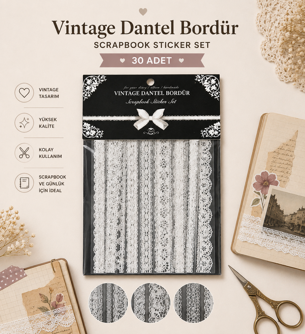 Vintage Dantel Bordür Scrapbook Sticker Set 30 Adet