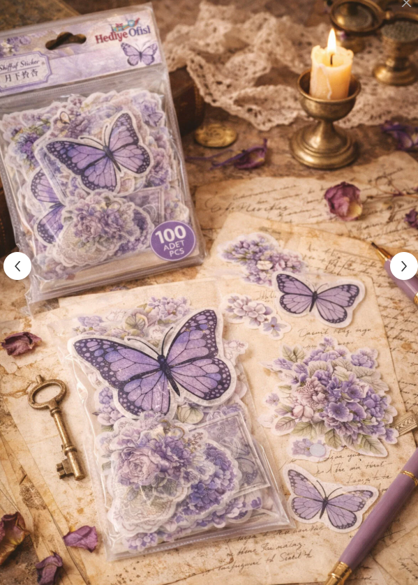 Hediye Ofisi 100’lü Şeffaf Sticker – Vintage Bullet Journal & Scrapbook İçin Mor Çiçek Kelebek Seti