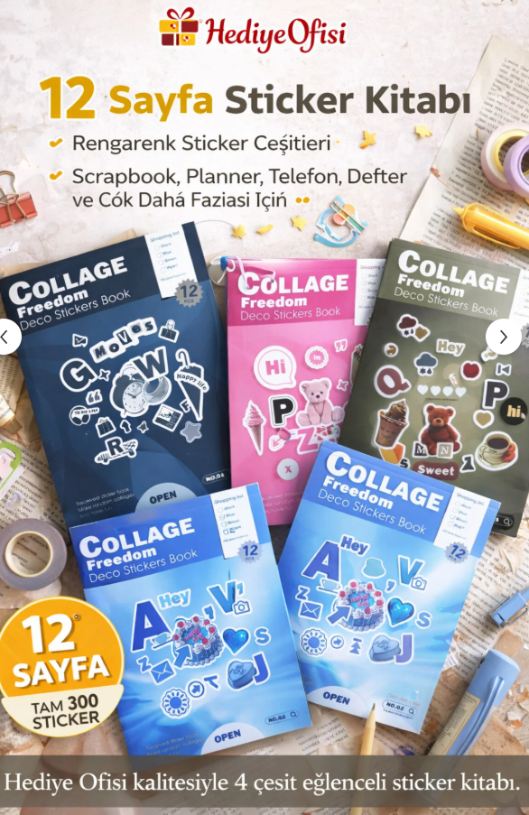 Hediye Ofisi Collage Freedom 12 Sayfa Sticker Kitabı–4 Farklı Tema, Planner&Scrapbook Sticker 1 ADET