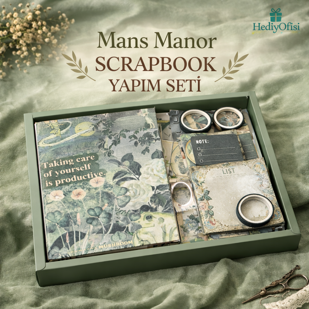 Hediye Ofisi Scrapbook Yapım Seti – Vintage & Mavi Tema, 50+ Parça, A6 Defterli, Washi Tape & Sticker Seti, DIY Hobi Seti