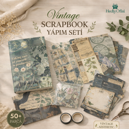 Hediye Ofisi Scrapbook Yapım Seti – Vintage & Mavi Tema, 50+ Parça, A6 Defterli, Washi Tape & Sticker Seti, DIY Hobi Seti