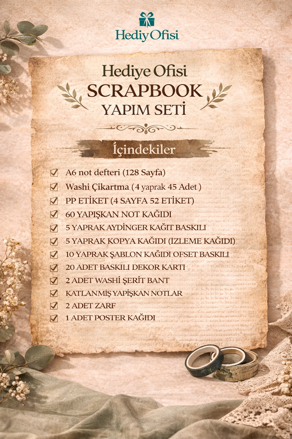 Hediye Ofisi Scrapbook Yapım Seti – Vintage & Mavi Tema, 50+ Parça, A6 Defterli, Washi Tape & Sticker Seti, DIY Hobi Seti