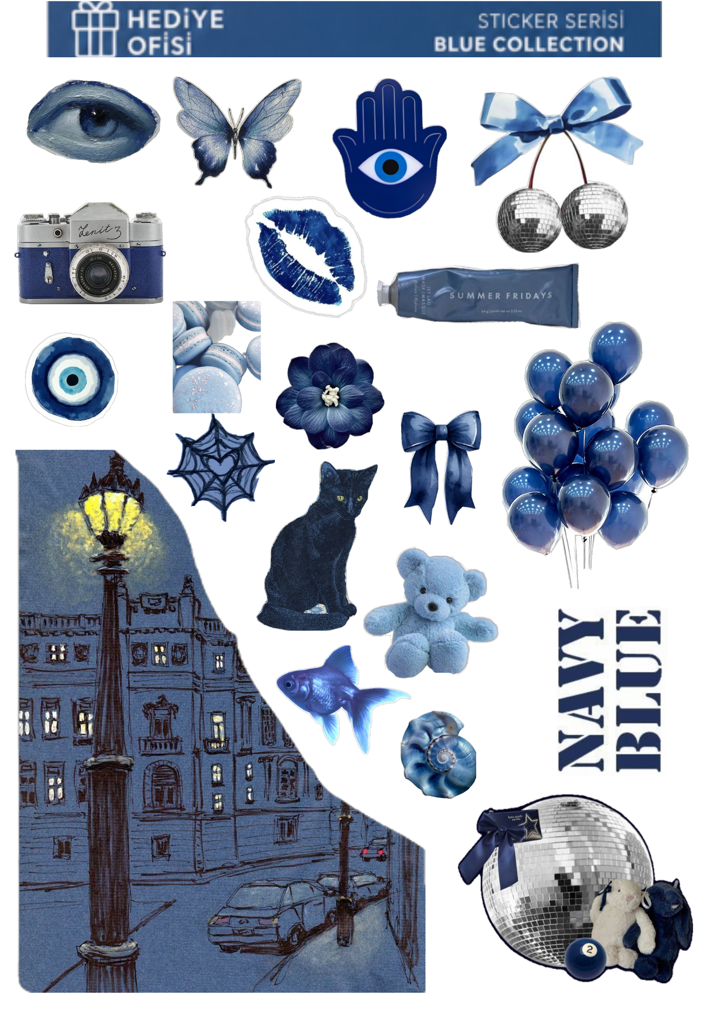 3Lü Blue Collection Retro Sticker, Çıkartma, Ajanda, Günlük, Planlayıcı, Bullet Journal ,Scrapbook