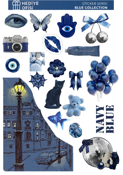 3Lü Blue Collection Retro Sticker, Çıkartma, Ajanda, Günlük, Planlayıcı, Bullet Journal ,Scrapbook