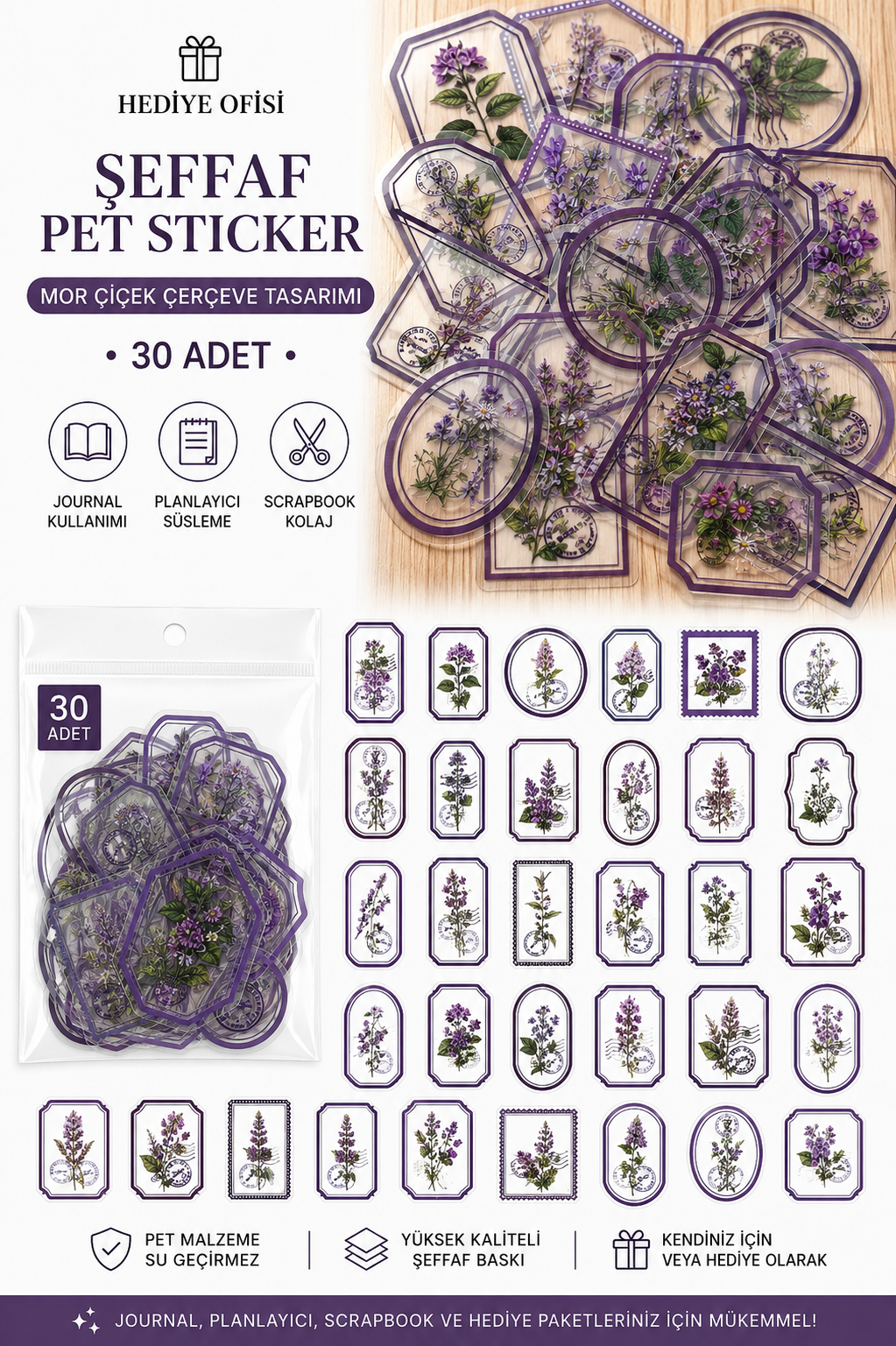 30'lu Çiçek Temalı Şeffaf PET Sticker Seti