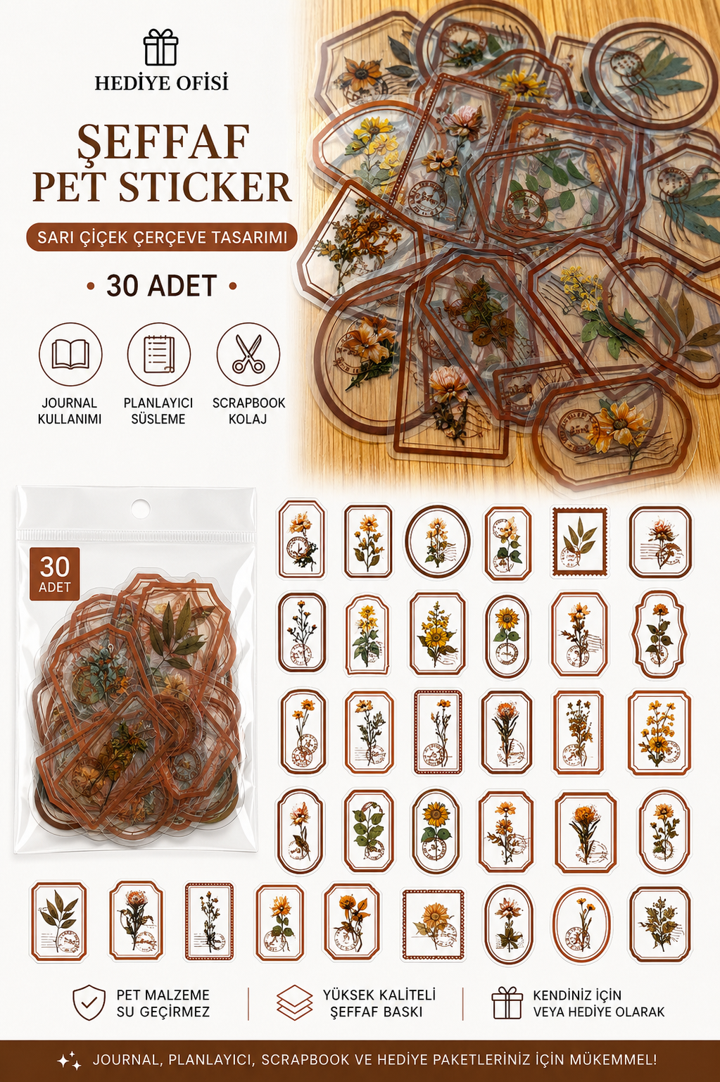 30'lu Çiçek Temalı Şeffaf PET Sticker Seti
