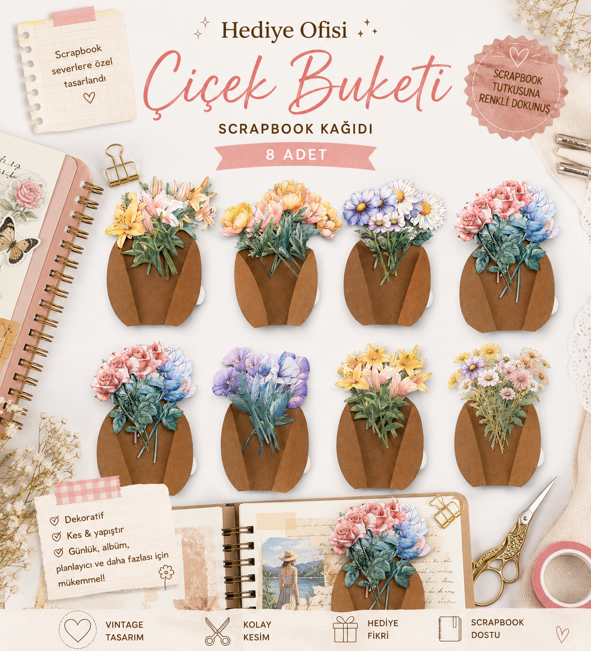 Çiçek Buketi Scrapbook Kağıdı 8 Adet