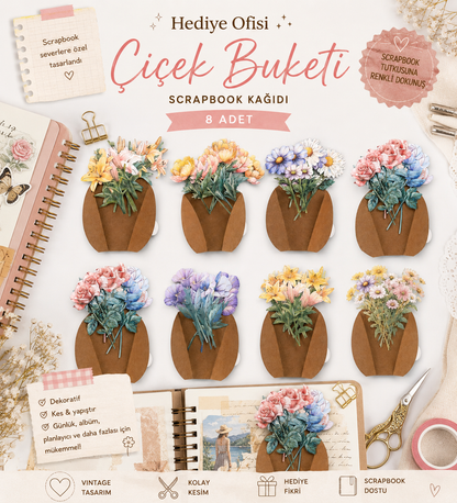 Çiçek Buketi Scrapbook Kağıdı 8 Adet