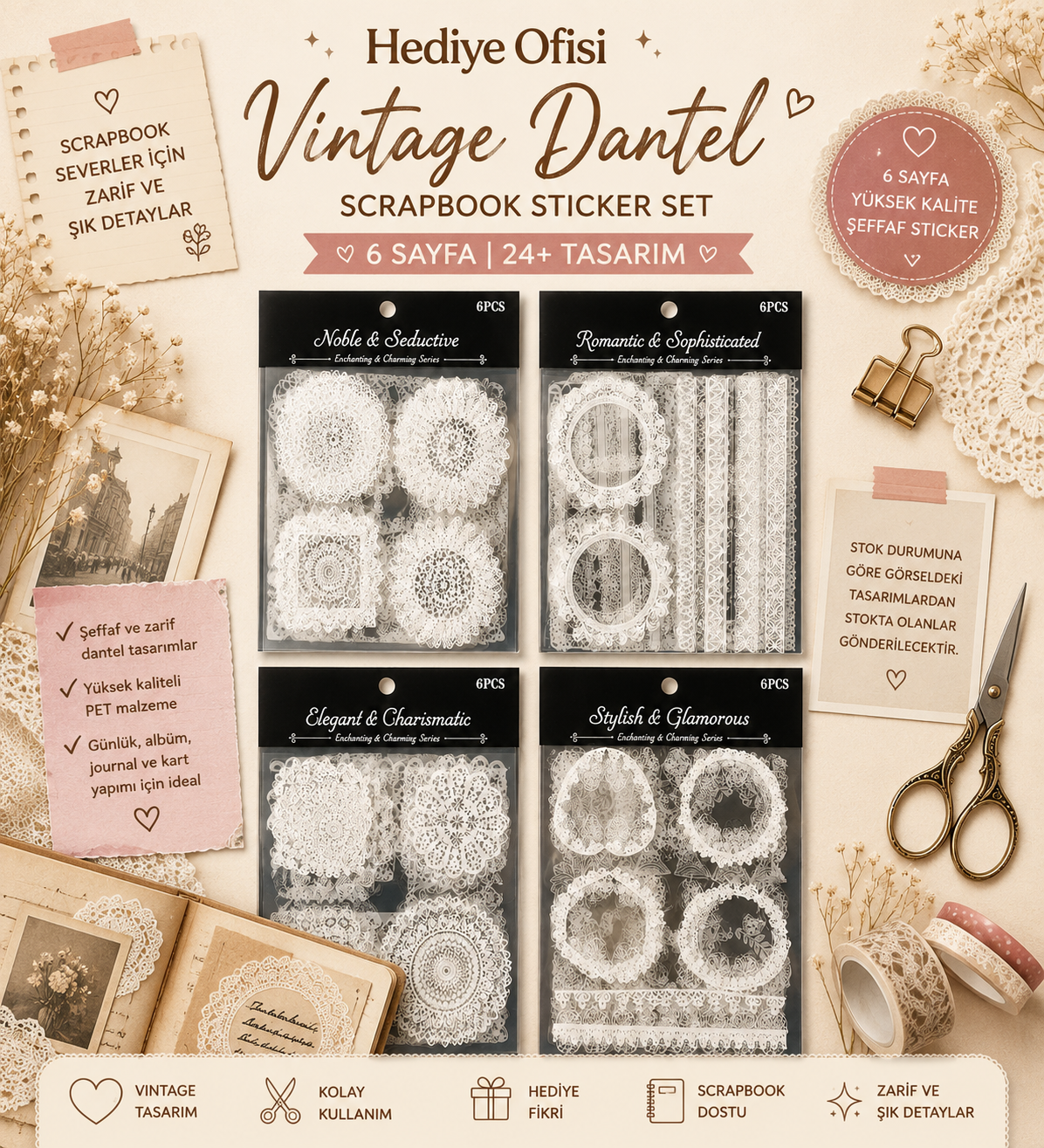 Vintage Dantel Scrapbook Sticker Set 6 Sayfa