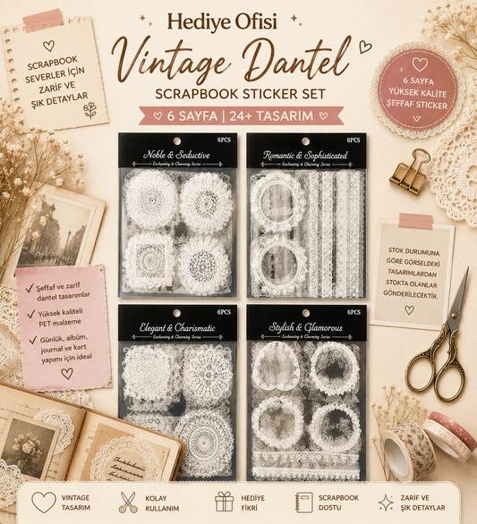 Vintage Dantel Scrapbook Sticker Set 6 Sayfa