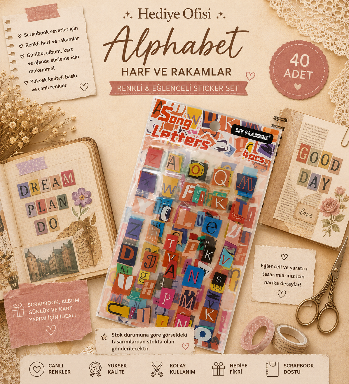 Scrapbook Şeffaf Sticker 4 Sayfa Alphabet Bullet Journal, Harfli, Sayılı, Sticker