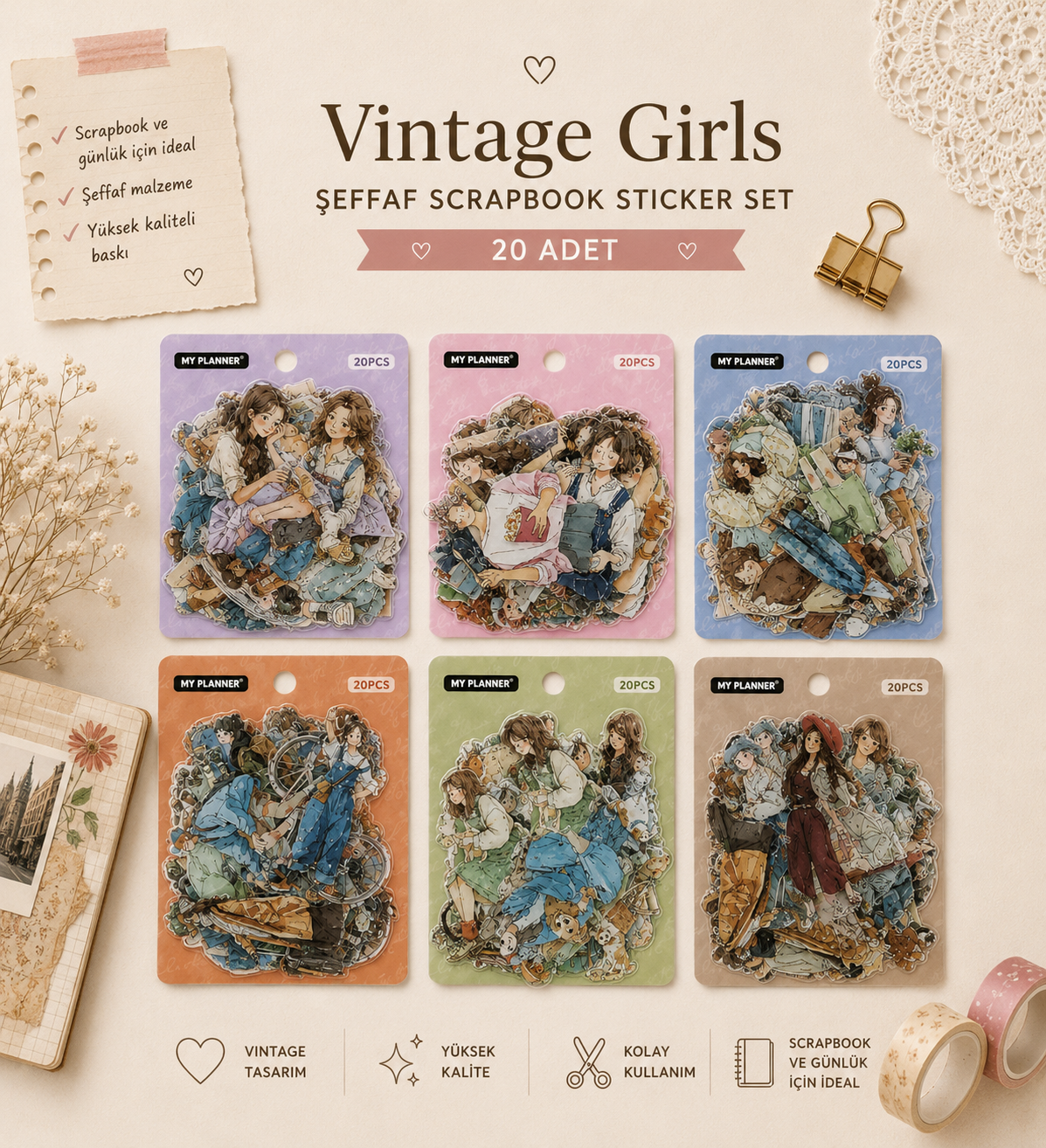 Vintage Girls Şeffaf Scrapbook Sticker Set 20 Adet