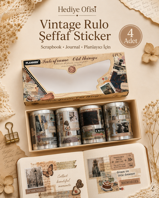 Rulo Şeffaf Sticker 2.20 mt 4’lü Set Scrapbook Journal Vintage Dekoratif Etiket