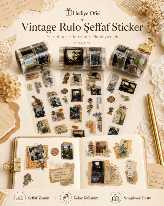 Rulo Şeffaf Sticker 2.20 mt 4’lü Set Scrapbook Journal Vintage Dekoratif Etiket