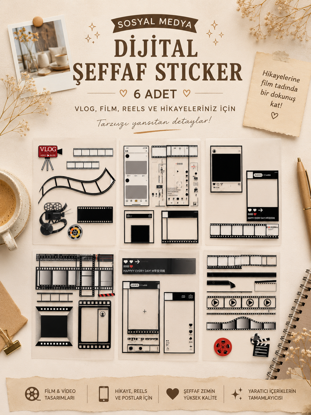 Sosyal Medya Dijital Şeffaf Sticker 6 Sayfa Film Vlog Reels Scrapbook Etiket