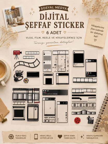 Sosyal Medya Dijital Şeffaf Sticker 6 Sayfa Film Vlog Reels Scrapbook Etiket