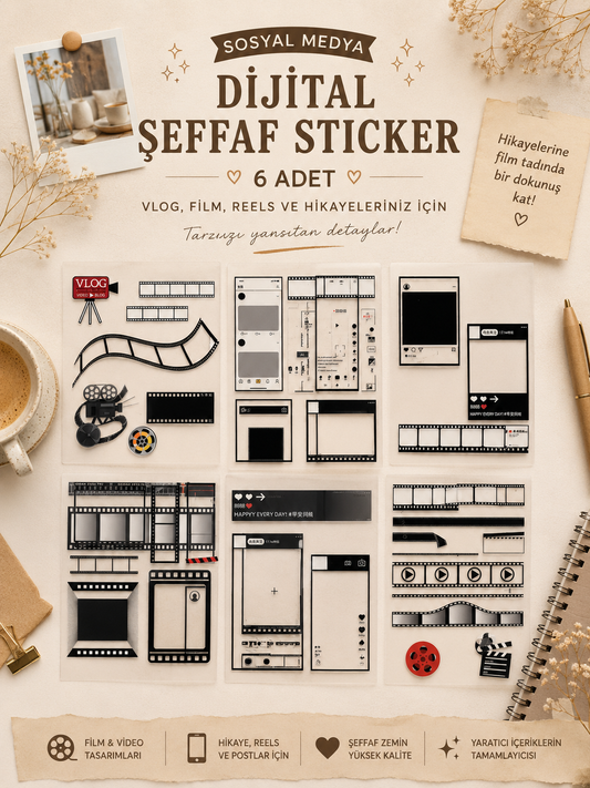 Sosyal Medya Dijital Şeffaf Sticker 6 Sayfa Film Vlog Reels Scrapbook Etiket