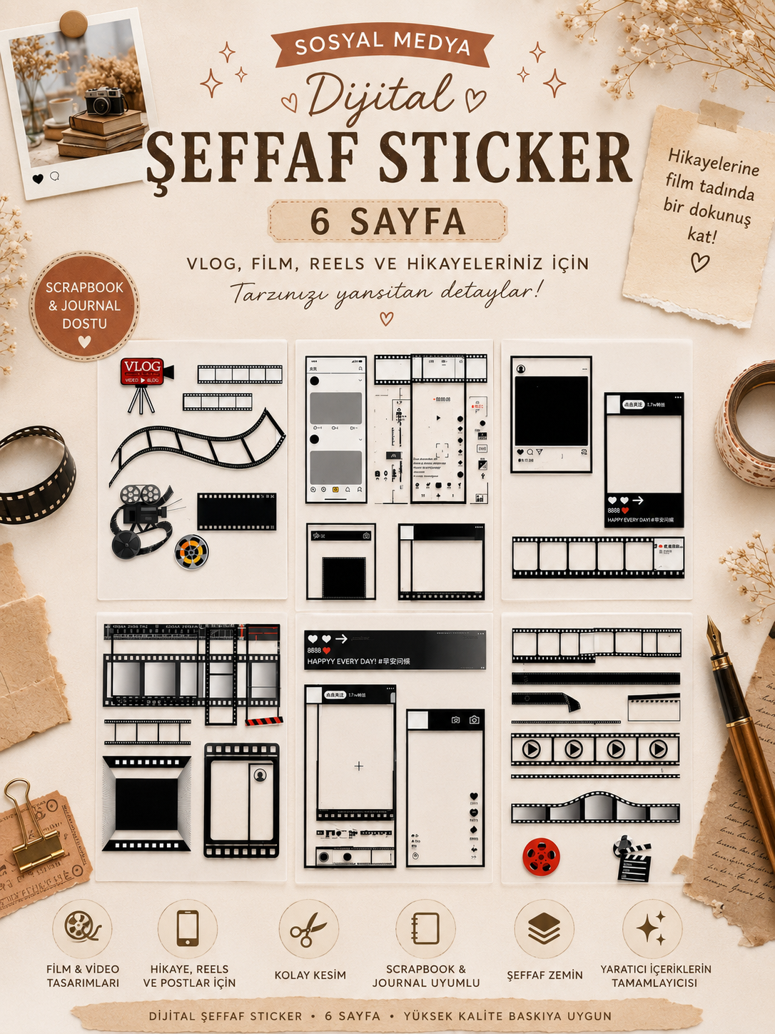 Sosyal Medya Dijital Şeffaf Sticker 6 Sayfa Film Vlog Reels Scrapbook Etiket