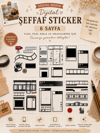 Sosyal Medya Dijital Şeffaf Sticker 6 Sayfa Film Vlog Reels Scrapbook Etiket