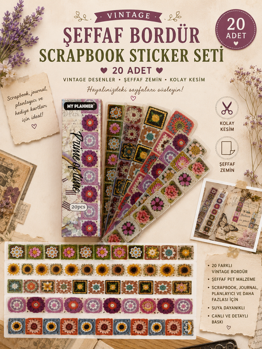 Şeffaf Vintage Bordür Scrapbook Sticker Seti 20 Adet