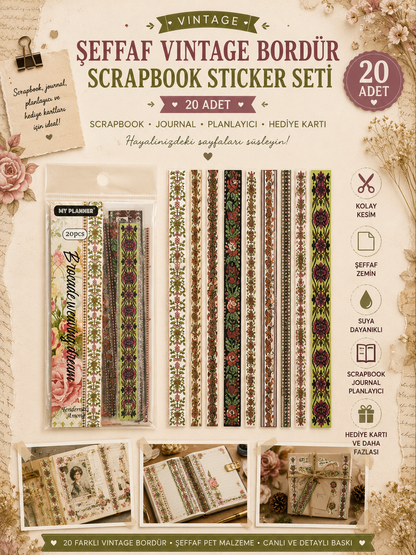 Şeffaf Vintage Bordür Scrapbook Sticker Seti 20 Adet (Kopya)