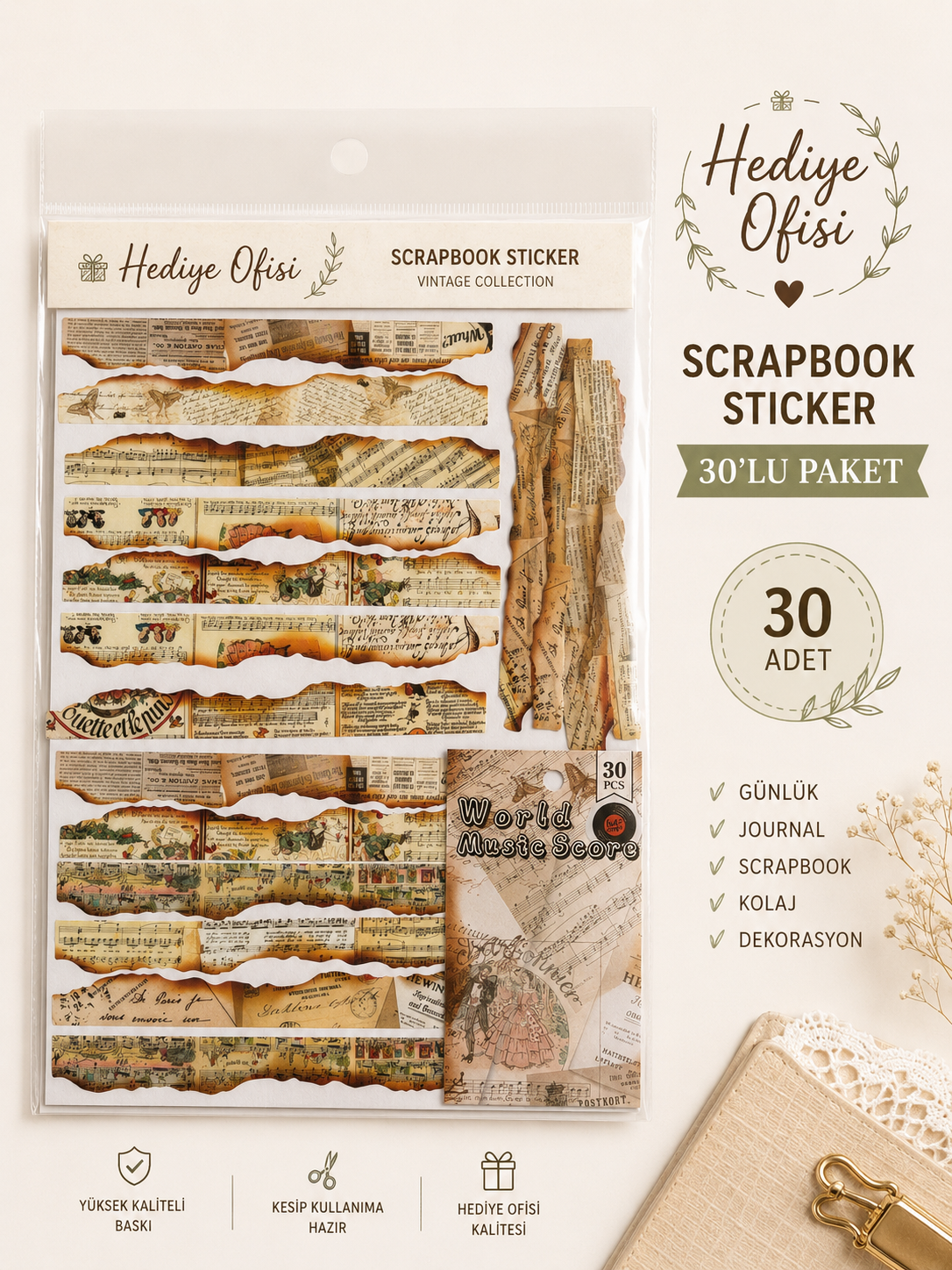 Şeffaf Vintage Scrapbook Sticker 30 Adet Nota Temalı