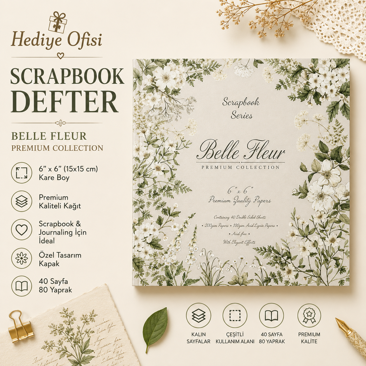 Scrapbook Desen Defteri 6x6 İnç - 40 Sayfa Vintage Journaling Defteri