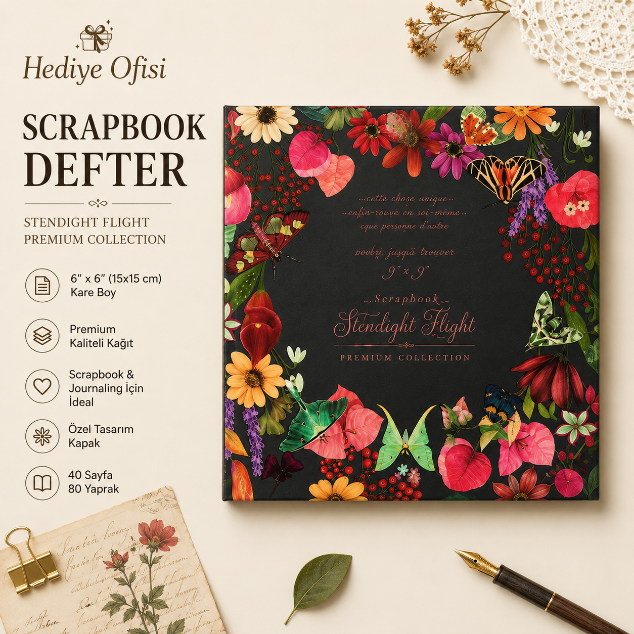 Scrapbook Desen Defteri 6x6 İnç - 40 Sayfa Vintage Journaling Defteri
