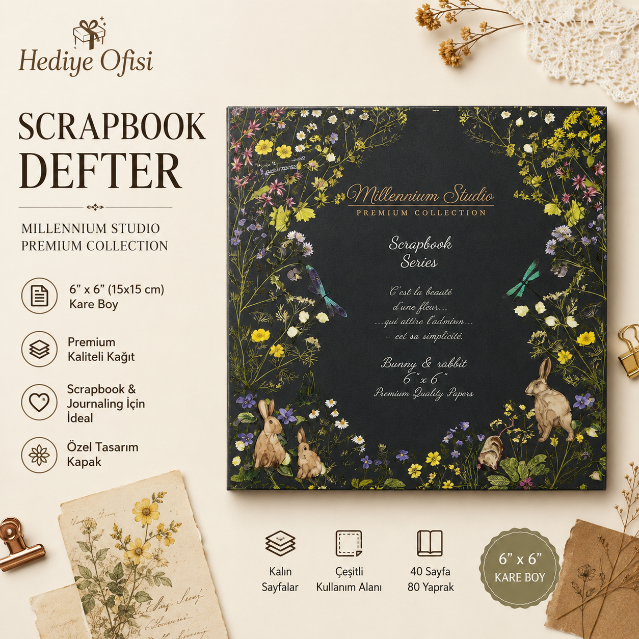 Scrapbook Desen Defteri 6x6 İnç - 40 Sayfa Vintage Journaling Defteri