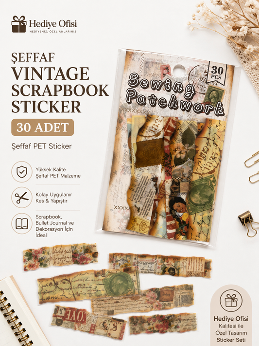 Şeffaf Vintage Scrapbook Sticker 30 Adet PET Dekoratif Journaling Kolaj Sticker Seti